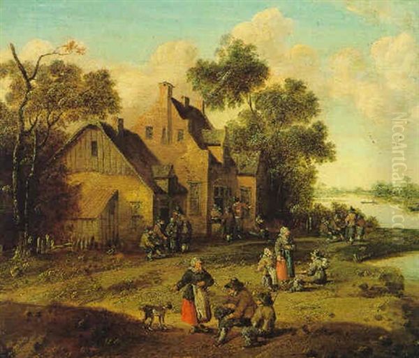 Dorf Am Flus Mit Feiernden Bauern - view 1