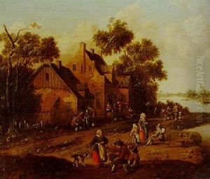 A River Landscape With Peasants Gathered Outside An Inn And Resting On A Riverbank by Cornelis Droochsloot