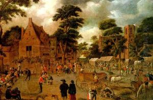 A Village Street Scene With Market Stalls And Villagers Playing Croquet And Dancing Around A Tree To A Fiddler