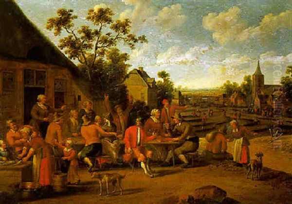 A Village Street, With Boors At Table Outside An Inn, A Woman Cleaning Fish Nearby - view 1