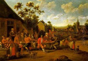 A Village Street, With Boors At Table Outside An Inn, A Woman Cleaning Fish Nearby by Cornelis Droochsloot