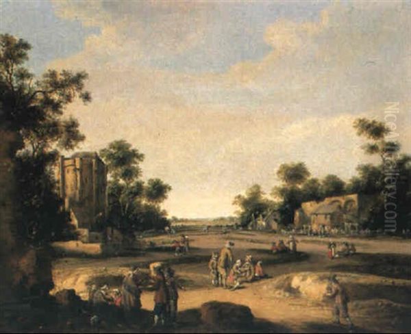 Belebter Dorfplatz Und Ruine In Bewaldeter Landschaft - view 1