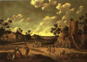 Village Street Scene With Figures Conversing And A Group Of Topers
