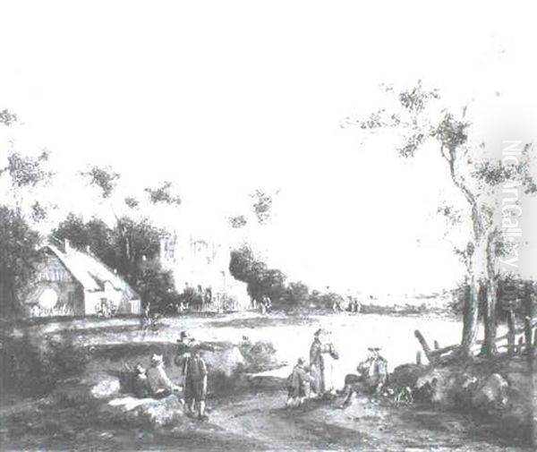 Figures On A Plain By A Village - view 1