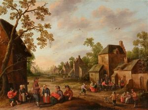 A Busy Village Scene by Joost Cornelisz. Droochsloot