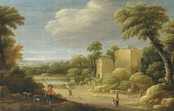 An Extensive Wooded Landscape With Townsfolk By A Villa - view 1