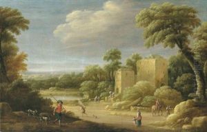 An Extensive Wooded Landscape With Townsfolk By A Villa