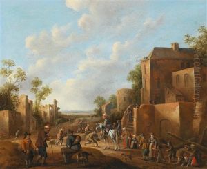 A Village Landscape With Country Folk Near A Tavern by Joost Cornelisz. Droochsloot