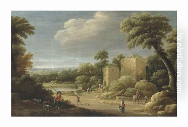 An Extensive Wooded Landscape With Townsfolk By A Villa - view 1