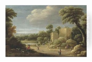 An Extensive Wooded Landscape With Townsfolk By A Villa