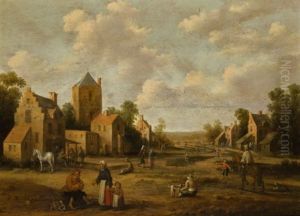 A Village Landscape With Figures And Horsemen Conversing