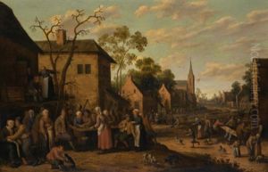 A Village Street Scene With Figures Eating And Drinking by Joost Cornelisz. Droochsloot