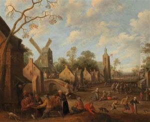 A Busy Village Road With Peasants Outside An Inn