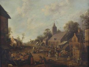 A Busy Townscape With Peasants Conversing And Drinking, A Church Beyond by Joost Cornelisz. Droochsloot