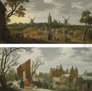 Summer Landscape With Elegant Figures And A Distant View Of The Hague; Winter Landscape With Figures On A Path, And Skaters On A Frozen River by Joost Cornelisz. Droochsloot