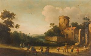 Belebte Landstrase Mit Reiter Und Wanderern Vor Einem Kastell by Joost Cornelisz. Droochsloot