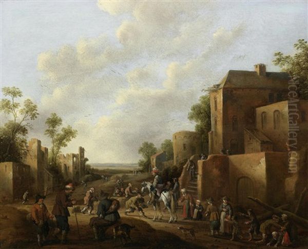 A Village With Figures Gathered Outside An Inn - view 1