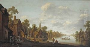 A Town On A River With Peasants Conversing, Fishing And Making Merry At A Tavern, A Ferry Crossing The Water