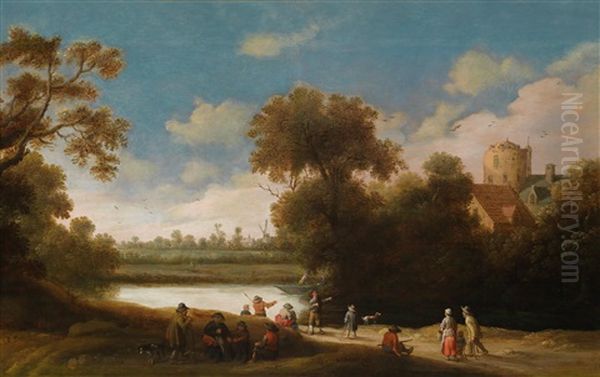 Eine Bewaldete Flusslandschaft Mit Fischern Und Rastenden Wanderern - view 1