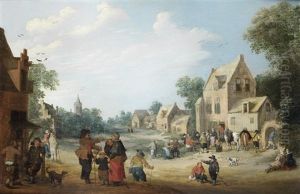 A Village With Figures Gathered Outside An Inn