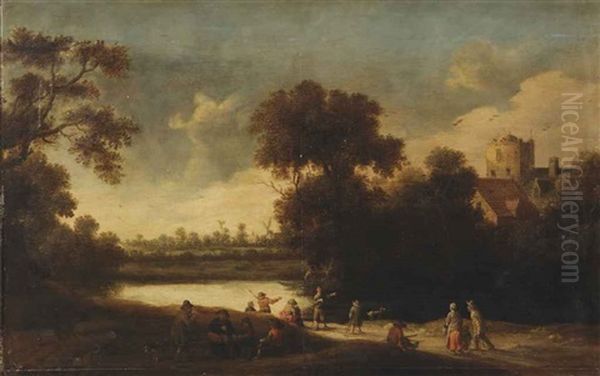 A Wooded Landscape With Figures Resting And Fishing Near A Lake - view 1