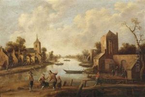 A Village Near A River, Figures In The Foreground by Joost Cornelisz. Droochsloot
