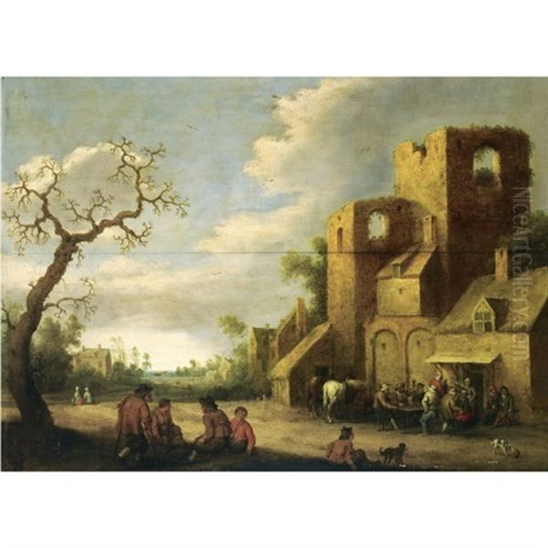 A Village Scene With Peasants Drinking Outside An Inn, Other Figures Resting Beneath A Tree - view 1