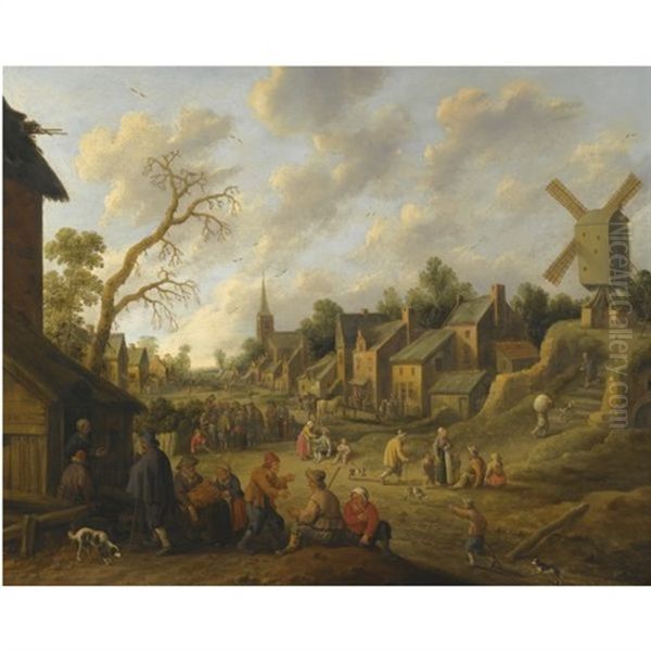 A Wide Street Through A Village Filled With Numerous Figures And Overlooked By A Windmill - view 1