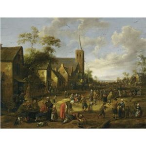 A Busy Village Street With Numerous Figures, Peasants Eating And Drinking At A Table In The Foreground, A Church Tower Beyond by Joost Cornelisz. Droochsloot