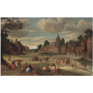 A Busy Village Scene With Numerous Figures, Near A Church Tower by Joost Cornelisz. Droochsloot