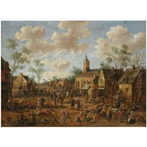 A Village Kermesse, With Numerous Figures Feasting And Conversing In The Street, Other Figures Gathered Around A Quack Doctor In The Foreground, A Church On The Right With A Crowd