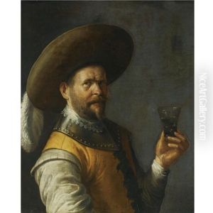 A Self Portrait Of The Artist, Dressed As A Cavalier, Wearing A Feathered Head, Holding A Glass In His Left Hand
