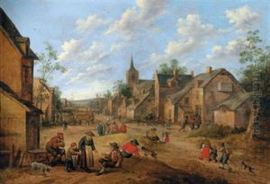 Eine Belebte Dorfstrasse Mit Einer Kirche Im Hintergrund