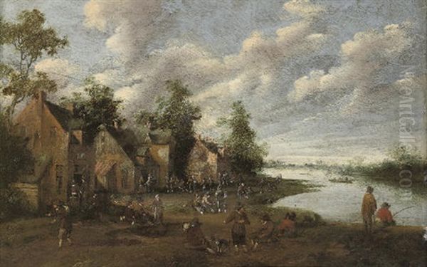 A Village With Figures Outside An Inn, A Church Beyond (+ A Riverside Village With Fishermen And Figures Conversing; Pair) - view 1