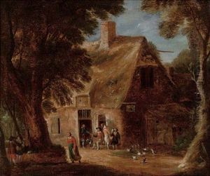 A Wooded Landscape With Boors Drinking By A Cottage