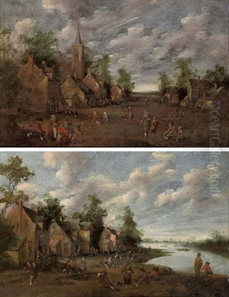 A Village With Figures Outside An Inn, A Church Beyond (+ A Riverside Village With Fishermen And Figures Conversing; Pair) - view 1