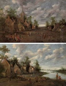 A Village With Figures Outside An Inn, A Church Beyond (+ A Riverside Village With Fishermen And Figures Conversing; Pair)