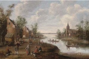An Extensive River Landscape With Peasants In A Village, A Church Beyond An Extensive River Landscape With Peasants In A Village, A Church Beyond