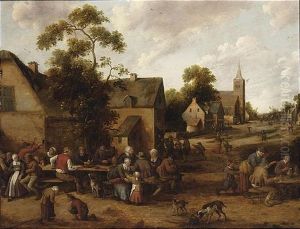 A Village Scene With Peasants Drinking And Smoking Around Tables, Other Figures Conversing In The Background, A Church Beyond