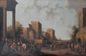 A View Of A Village With Beggars Receiving Alms Outside A Convent And Others Making Merry By A Ruin To The Left