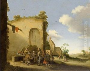 A Village Street With Peasants Drinking And Eating At A Table Together With A Dog, Other Figures Beyond