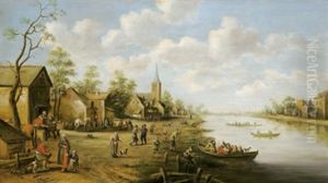 Dorf An Einem Fluss Mit Booten Und Vielen Figuren