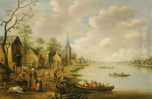 Dorf An Einem Fluss Mit Vielen Figuren Dorf An Einem Fluss Mit Vielen Figuren