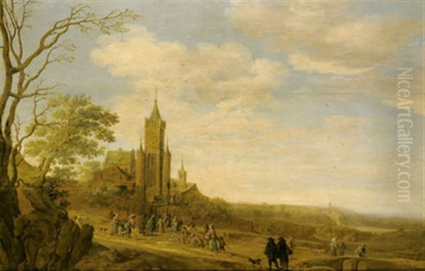 Weite Landschaft Mit Bauern Auf Dem Gang Zur Kirche - view 1