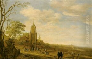 Weite Landschaft Mit Bauern Auf Dem Gang Zur Kirche