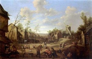 A Village Street With A Mill And Figures Outside A Tavern And Other Figures On The Street With Horse-drawn Wagons by Joost Cornelisz. Droochsloot