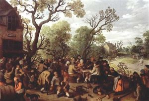 A Village Scene With Peasants Making Merry And Music With A Violin Player Outside An Inn, Together With Peasants Eating And Drinking At A Table by Joost Cornelisz. Droochsloot