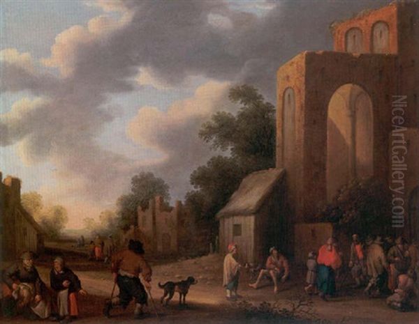 A Village Street Scene With Numerous Peasants In The Foreground - view 1