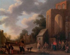 A Village Street Scene With Numerous Peasants In The Foreground by Joost Cornelisz. Droochsloot