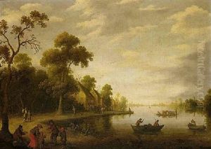 A River Landscape With Fishermen, Beggars On A Track And A Horse Drawn Cart Stopped Outside, An Inn Beyond